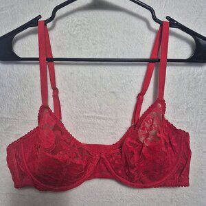 Savage X Fenty Red Lace Bra 36C Half-Padded Wired Sheer Floral Mesh Sexy Support